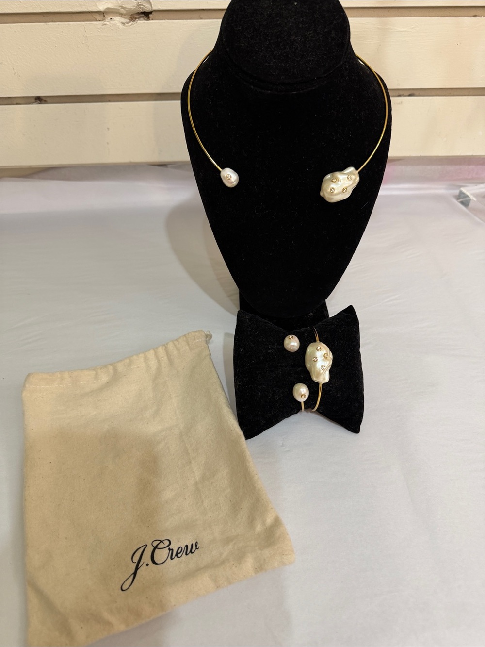 J. Crew Gold Collar Necklace and Bracelet with Pearl Accents